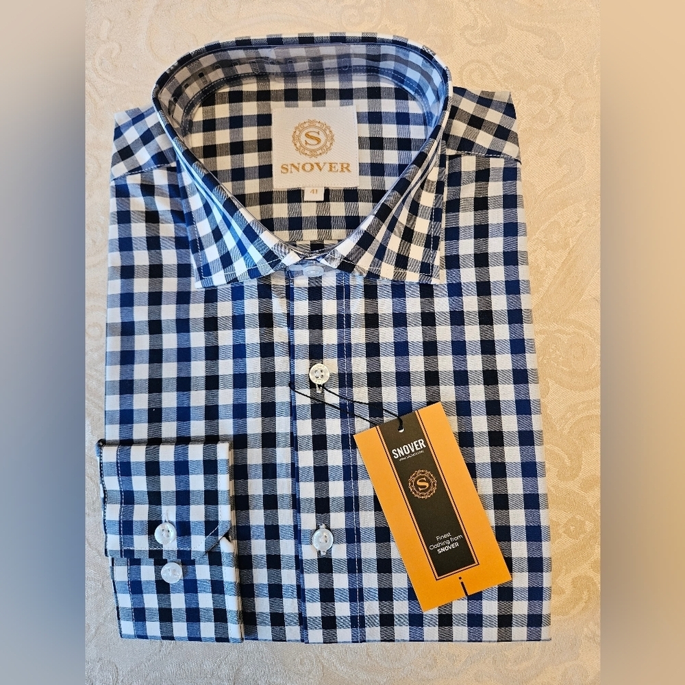 Men’s Navy Blue Check Shirt, Cotton, Gingham Plaid, Snover, NWT, 41